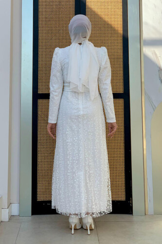 Çiçek Desenli Simli Tül Abiye Elbise 1108 Ekru - Bym Fashion (1)