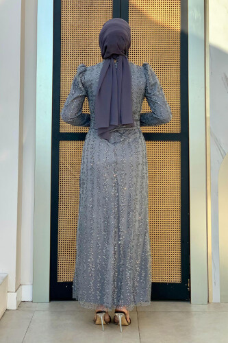 Çiçek Desenli Simli Tül Abiye Elbise 1108 Gri - Bym Fashion (1)