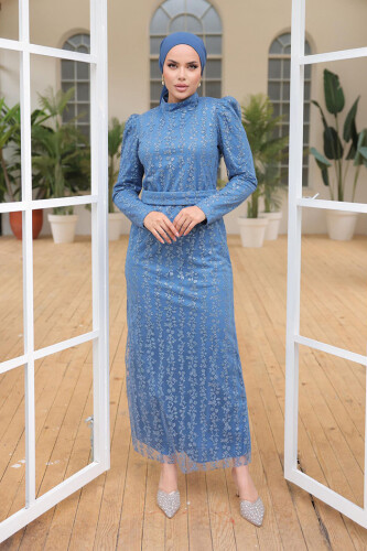 Çiçek Desenli Simli Tül Abiye Elbise 1108 İndigo - Bym Fashion (1)