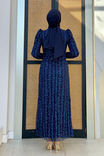 Çiçek Desenli Simli Tül Abiye Elbise 1108 Lacivert - Bym Fashion (1)