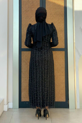 Çiçek Desenli Simli Tül Abiye Elbise 1108 Siyah - Bym Fashion (1)