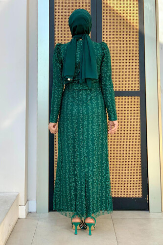 Çiçek Desenli Simli Tül Abiye Elbise 1108 Zümrüt - Bym Fashion (1)