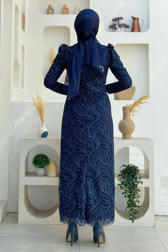 Dal Desenli Simli Tül Büyük Beden Abiye Elbise 1140-1 Lacivert - Bym Fashion (1)