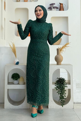 Dal Desenli Simli Tül Büyük Beden Abiye Elbise 1140-1 Zümrüt - Bym Fashion