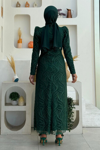 Dal Desenli Simli Tül Büyük Beden Abiye Elbise 1140-1 Zümrüt - Bym Fashion (1)