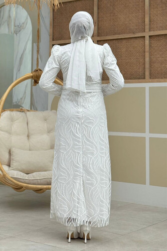 Dal Desenli Simli Tül Abiye Elbise 1140 Ekru - Bym Fashion (1)