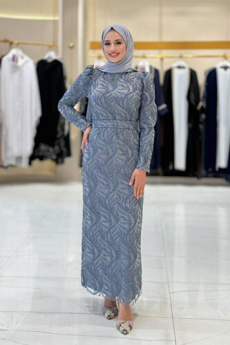 Dal Desenli Simli Tül Abiye Elbise 1140 Gri - Bym Fashion