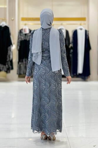 Dal Desenli Simli Tül Abiye Elbise 1140 Gri - Bym Fashion (1)