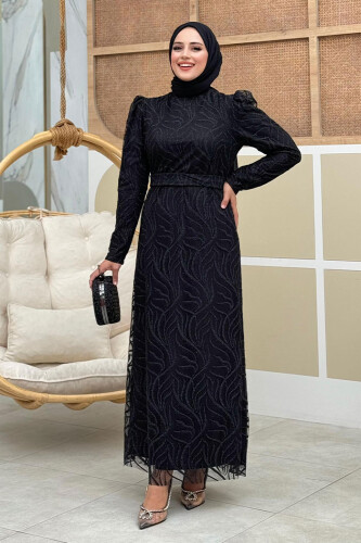Dal Desenli Simli Tül Abiye Elbise 1140 Siyah - Bym Fashion