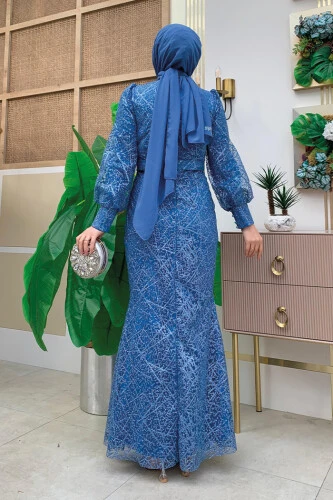 Desenli Balonkol Görünümlü Simli Abiye Elbise 1144 İndigo - Bym Fashion (1)