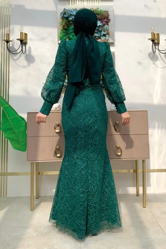 Desenli Balonkol Görünümlü Simli Abiye Elbise 1144 Zümrüt - Bym Fashion (1)