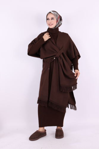 Şal Bağlamalı Triko Panço 12630 Kahverengi - Bym Fashion