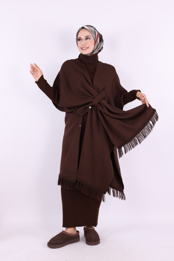 Şal Bağlamalı Triko Panço 12630 Kahverengi - 2
