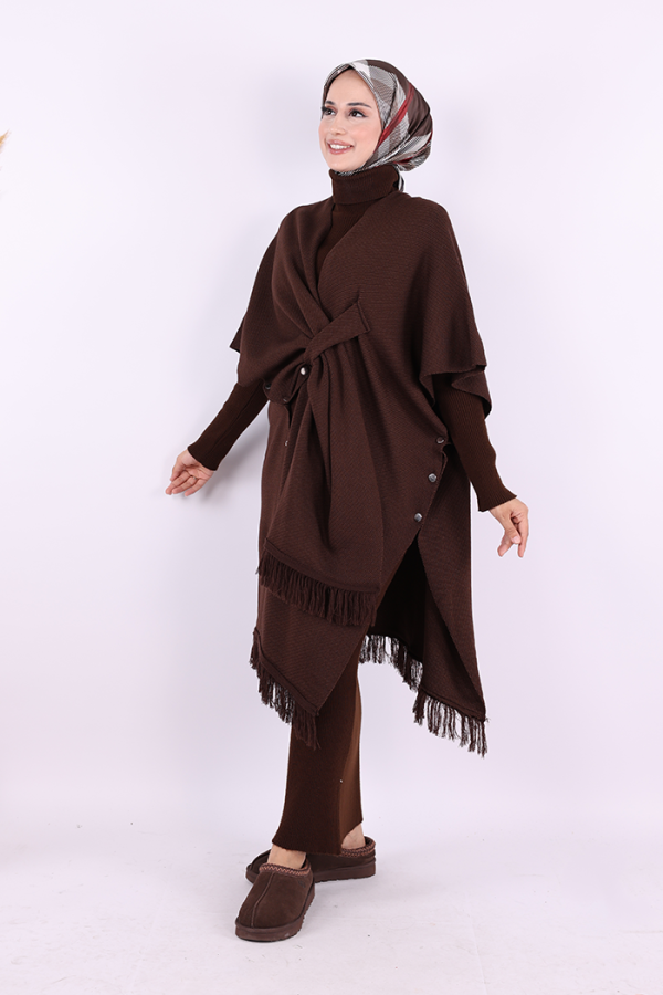 Şal Bağlamalı Triko Panço 12630 Kahverengi - 3