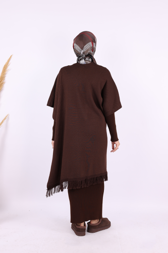 Şal Bağlamalı Triko Panço 12630 Kahverengi - 4