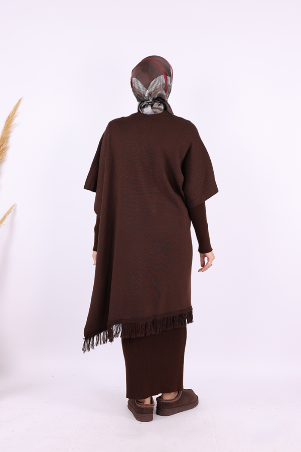 Şal Bağlamalı Triko Panço 12630 Kahverengi - 4