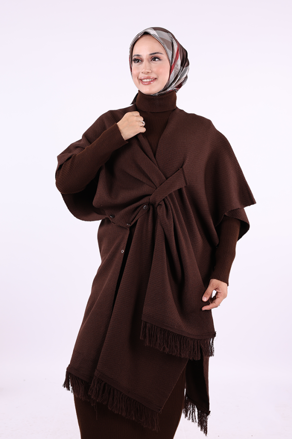 Şal Bağlamalı Triko Panço 12630 Kahverengi - 5