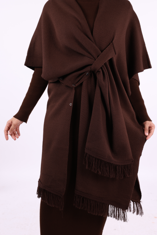 Şal Bağlamalı Triko Panço 12630 Kahverengi - 6