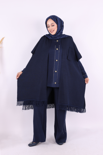 Şal Bağlamalı Triko Panço 12630 Lacivert - Bym Fashion