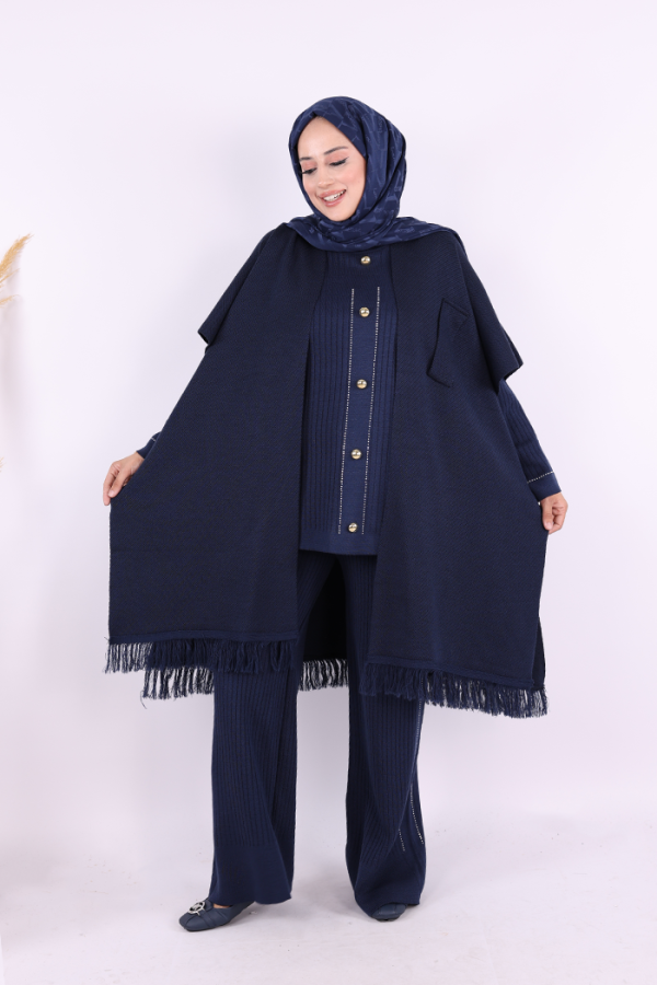 Şal Bağlamalı Triko Panço 12630 Lacivert - 1