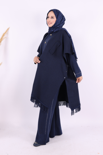 Şal Bağlamalı Triko Panço 12630 Lacivert - 2