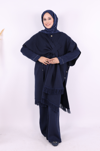 Şal Bağlamalı Triko Panço 12630 Lacivert - 3