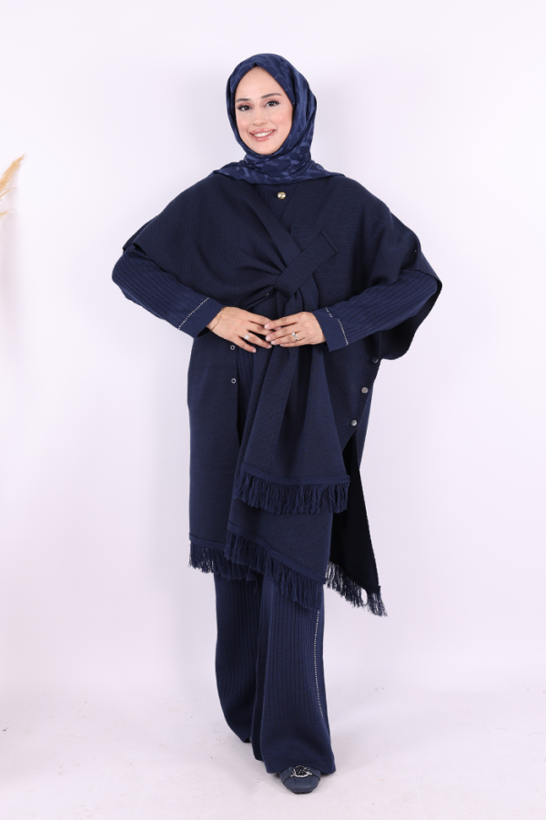 Şal Bağlamalı Triko Panço 12630 Lacivert - 3