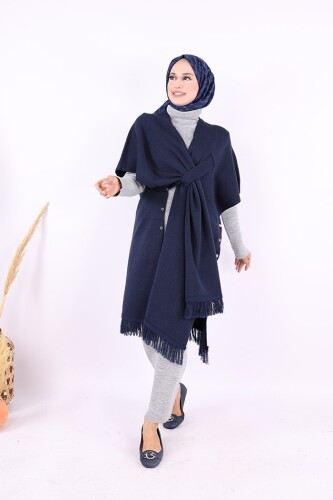Şal Bağlamalı Triko Panço 12630 Lacivert - 5