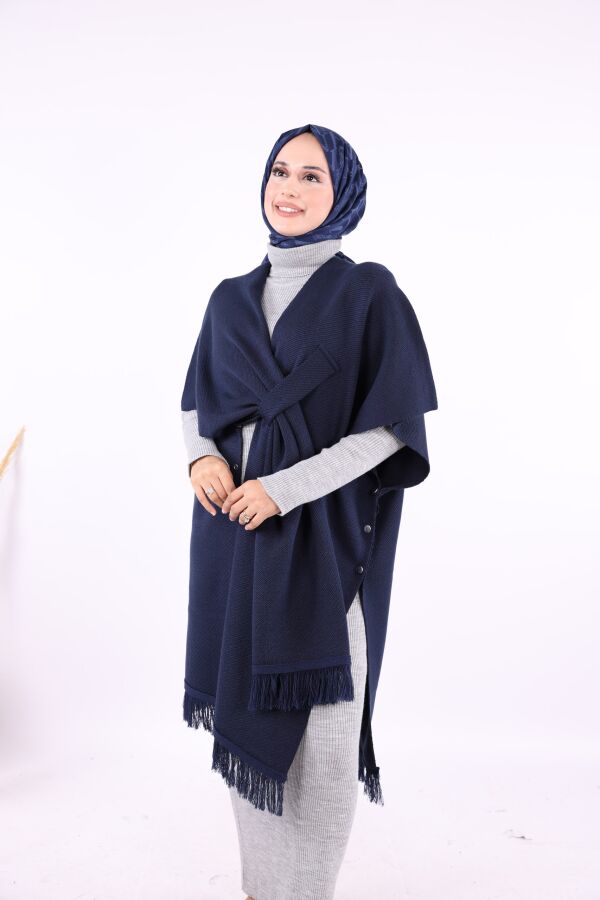 Şal Bağlamalı Triko Panço 12630 Lacivert - 7