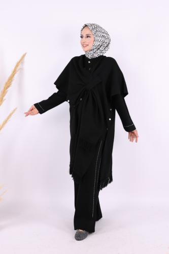 Şal Bağlamalı Triko Panço 12630 Siyah - Bym Fashion (1)