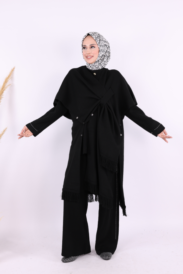 Şal Bağlamalı Triko Panço 12630 Siyah - 1