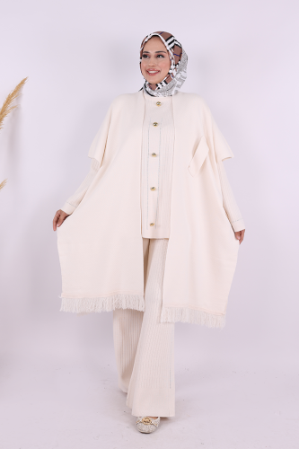 Şal Bağlamalı Triko Panço 12630 Taş - Bym Fashion