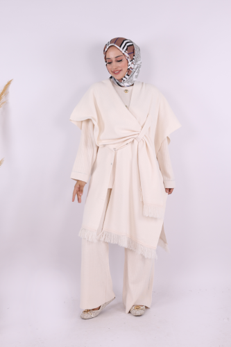 Şal Bağlamalı Triko Panço 12630 Taş - 2