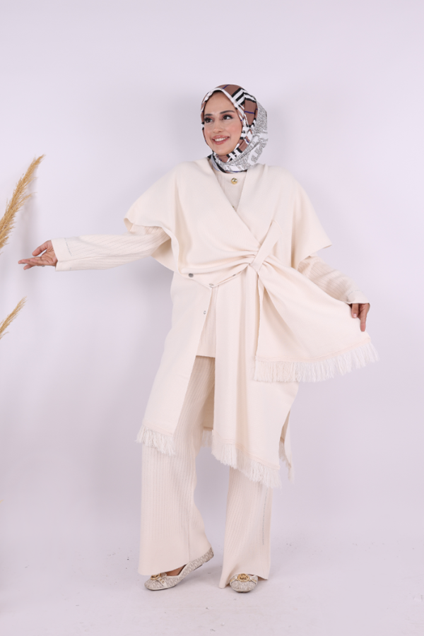 Şal Bağlamalı Triko Panço 12630 Taş - 3