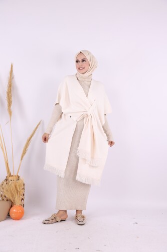 Şal Bağlamalı Triko Panço 12630 Taş - 4