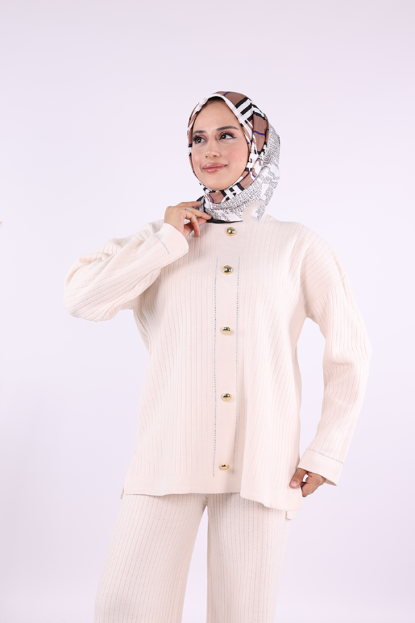 Taş İşleme ve Düğme Detaylı Triko Takım 12657 Taş - 4