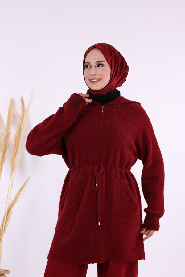 12659 Cepli ve Fermuar Detaylı Sakallı Hırka Bordo - 6