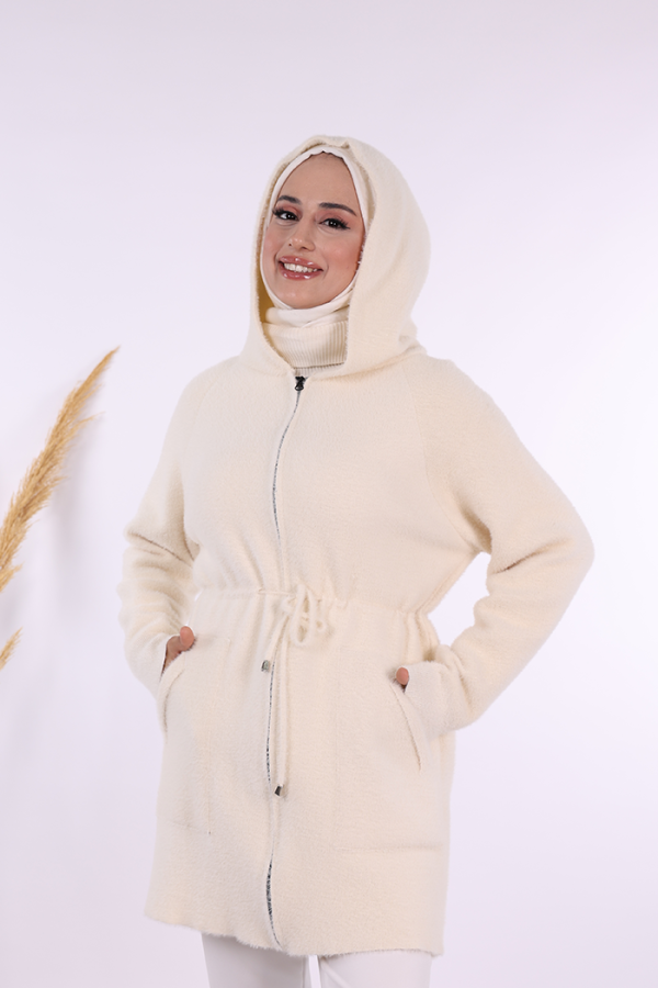 12659 Cepli ve Fermuar Detaylı Sakallı Hırka Ekru - 10