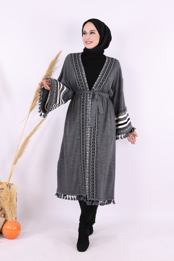 Etrik İşlemeli Triko Kimono 12675 Gri - 1