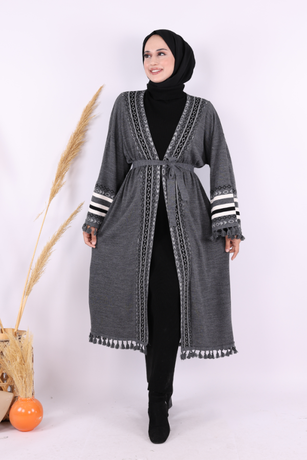 Etrik İşlemeli Triko Kimono 12675 Gri - 2