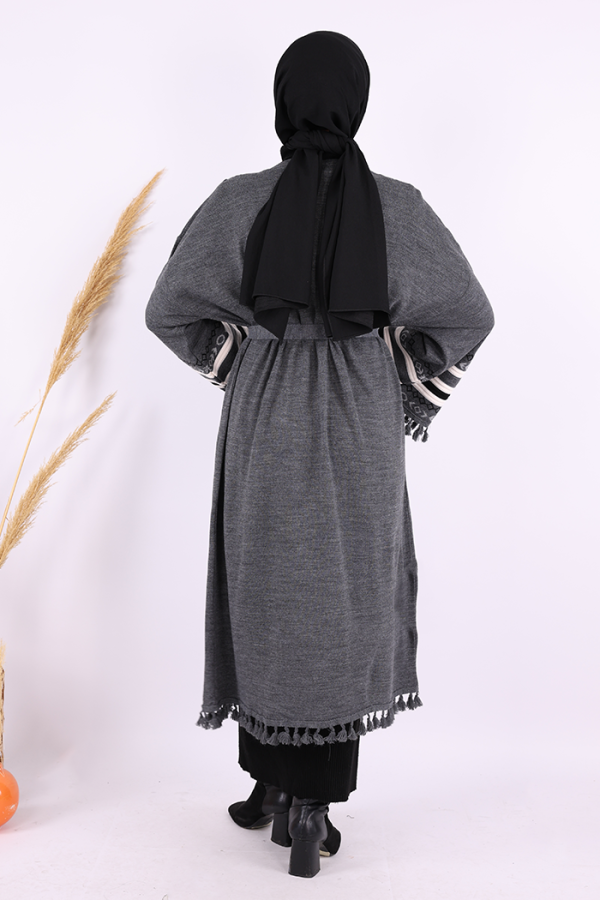 Etrik İşlemeli Triko Kimono 12675 Gri - 3