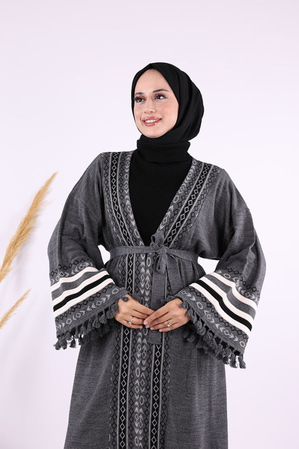 Etrik İşlemeli Triko Kimono 12675 Gri - 4