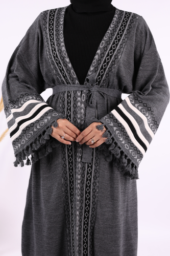 Etrik İşlemeli Triko Kimono 12675 Gri - 5