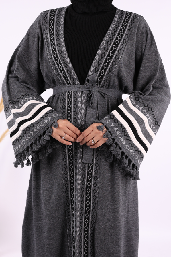 Etrik İşlemeli Triko Kimono 12675 Gri - 5