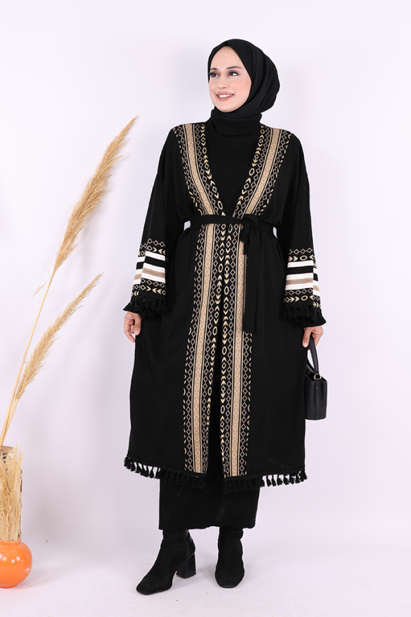 Etrik İşlemeli Triko Kimono 12675 Siyah - 1