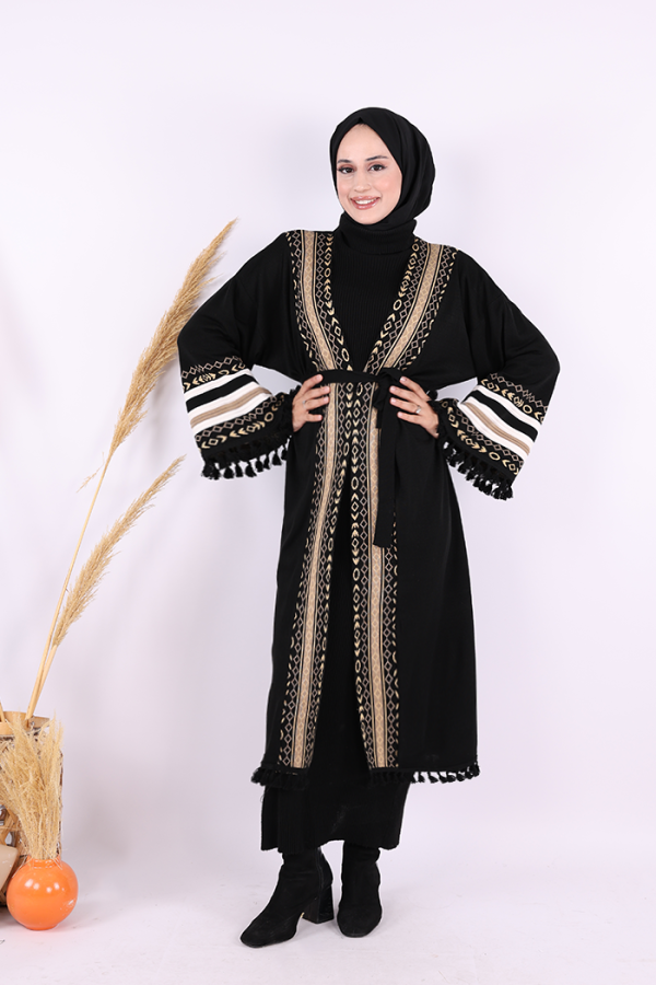 Etrik İşlemeli Triko Kimono 12675 Siyah - 2
