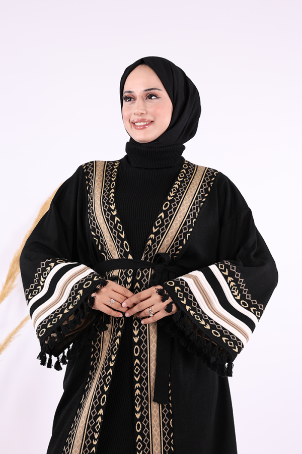 Etrik İşlemeli Triko Kimono 12675 Siyah - 4