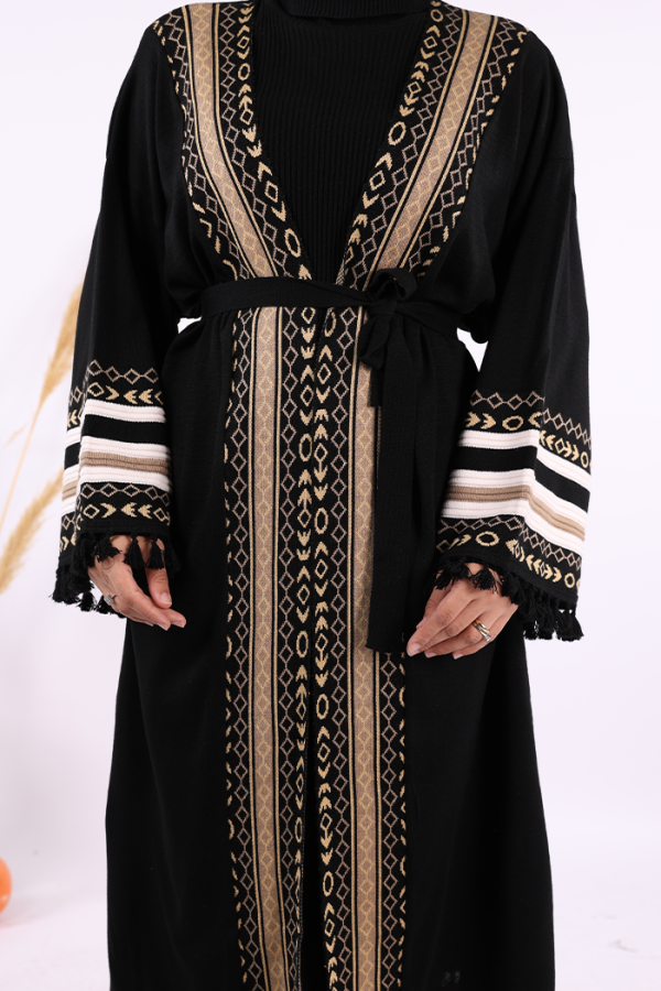 Etrik İşlemeli Triko Kimono 12675 Siyah - 5