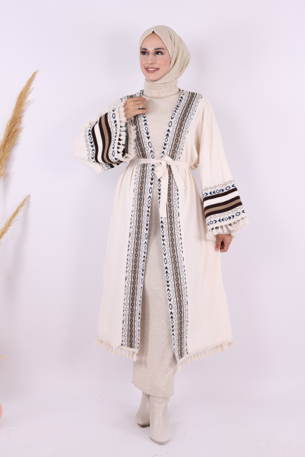 Etrik İşlemeli Triko Kimono 12675 Taş - 1