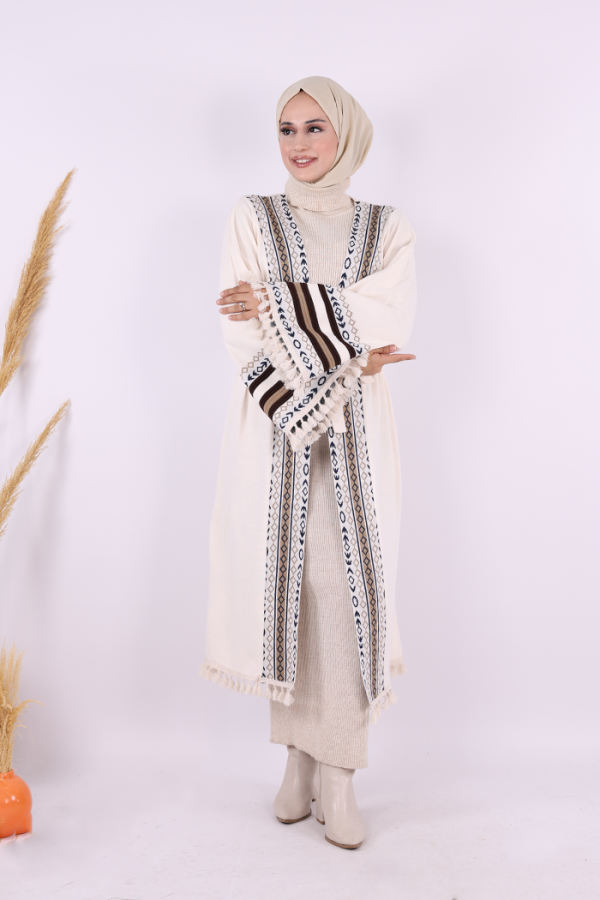 Etrik İşlemeli Triko Kimono 12675 Taş - 2